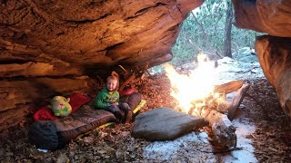 No Tent Winter Camping During Snow Storm  Exploring Natural Stone Maze [upl. by Nnylg]