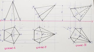 Projections Of SolidsPentagonal Pyramid  Inclined to Both H PampVP [upl. by Aicemed]