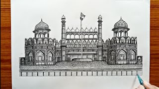 How to draw red fort easy and step by step  pencil sketch  historical place drawing [upl. by Ilak]