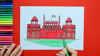 How to draw Red Fort New Delhi  Azadi Ka Amrit Mahotsav 75th Year of Independence Day of India [upl. by Acinnad]