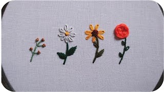 HAND EMBROIDERY FOR BEGINNERS  4 Types Flowers Embroidery Tutorial  Lets Explore [upl. by Quinby]