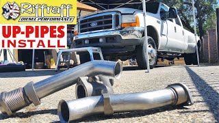 2001 F350 73  RiffRaff UpPipes Install  Stock up pipes leaking and falling apart JUNK SP [upl. by Aivitnahs]