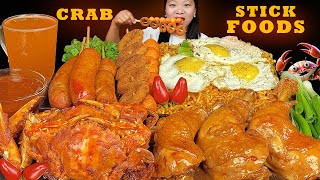 Stick Food Mukbang  Eating Super Spicy Noodles  Chicken Adobo  Fried Crab  Fish Ball  Sausages [upl. by Akienahs100]